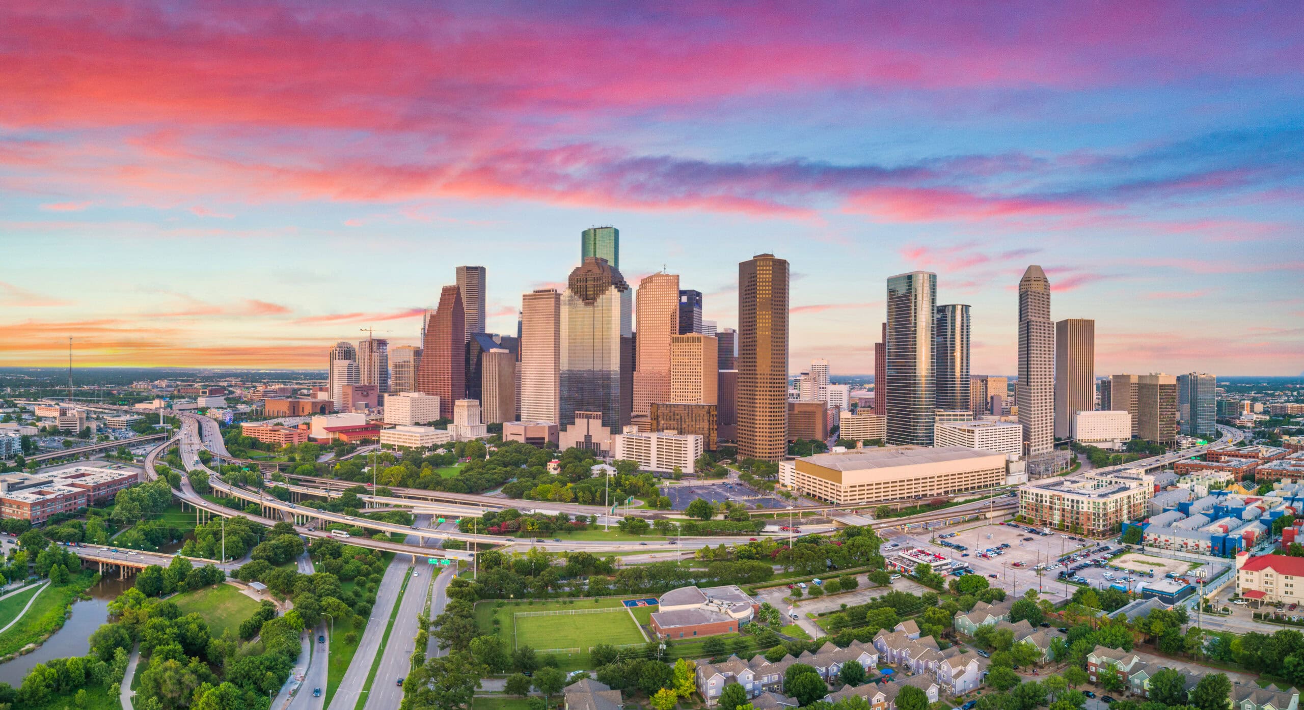 Downtown Houston, Texas, USA Drone Skyline Aerial Panorama